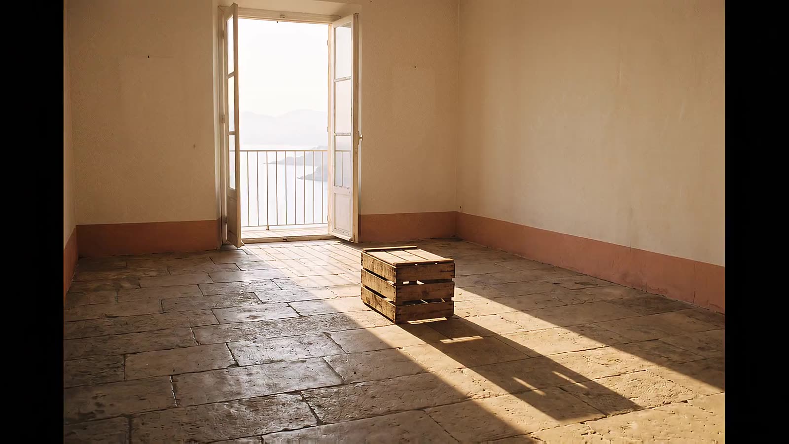 Intérieur méditerranéen vide baigné de lumière dorée