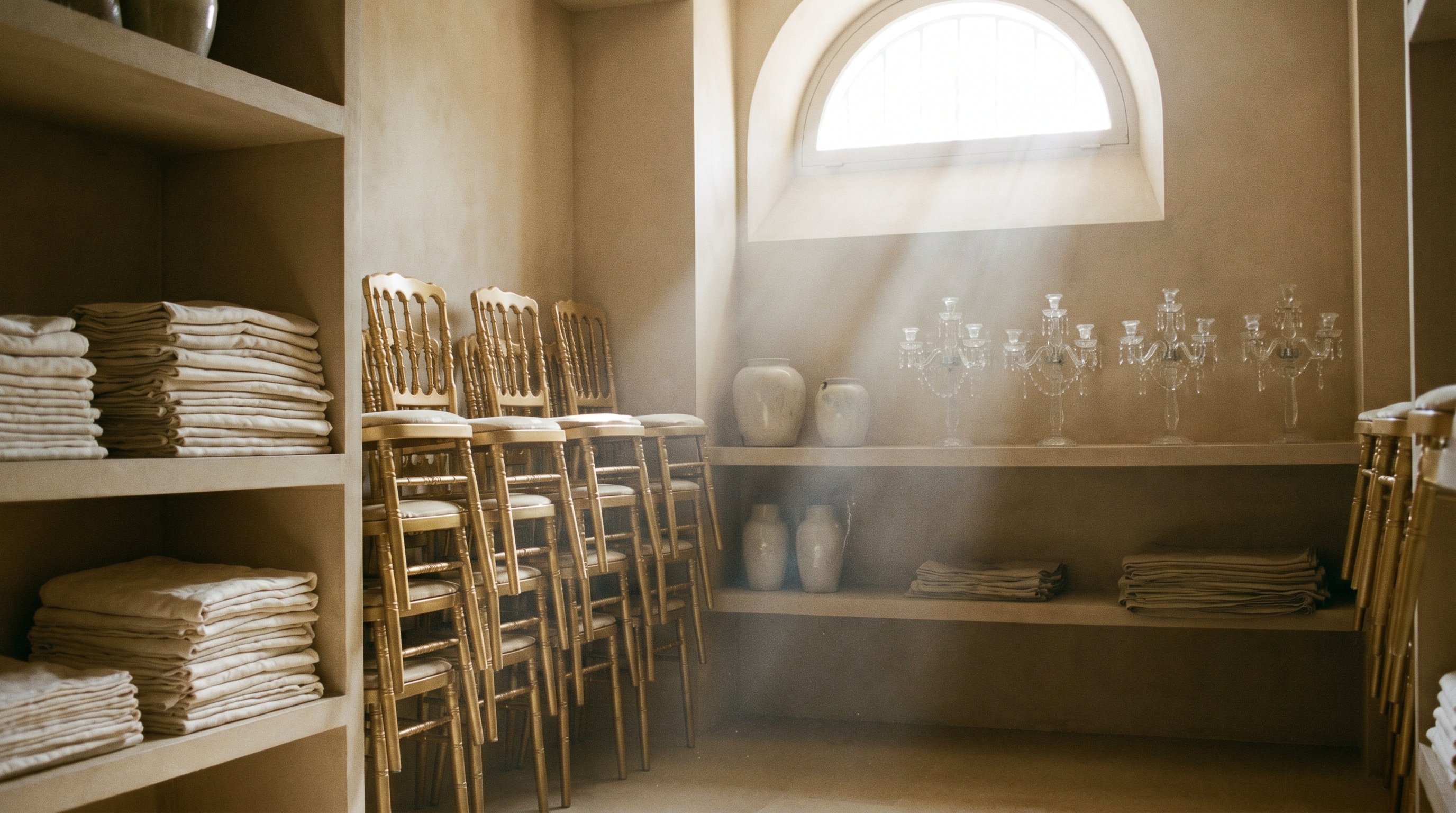 Mobilier et décor d'événement haut de gamme conservés avec soin entre deux réceptions